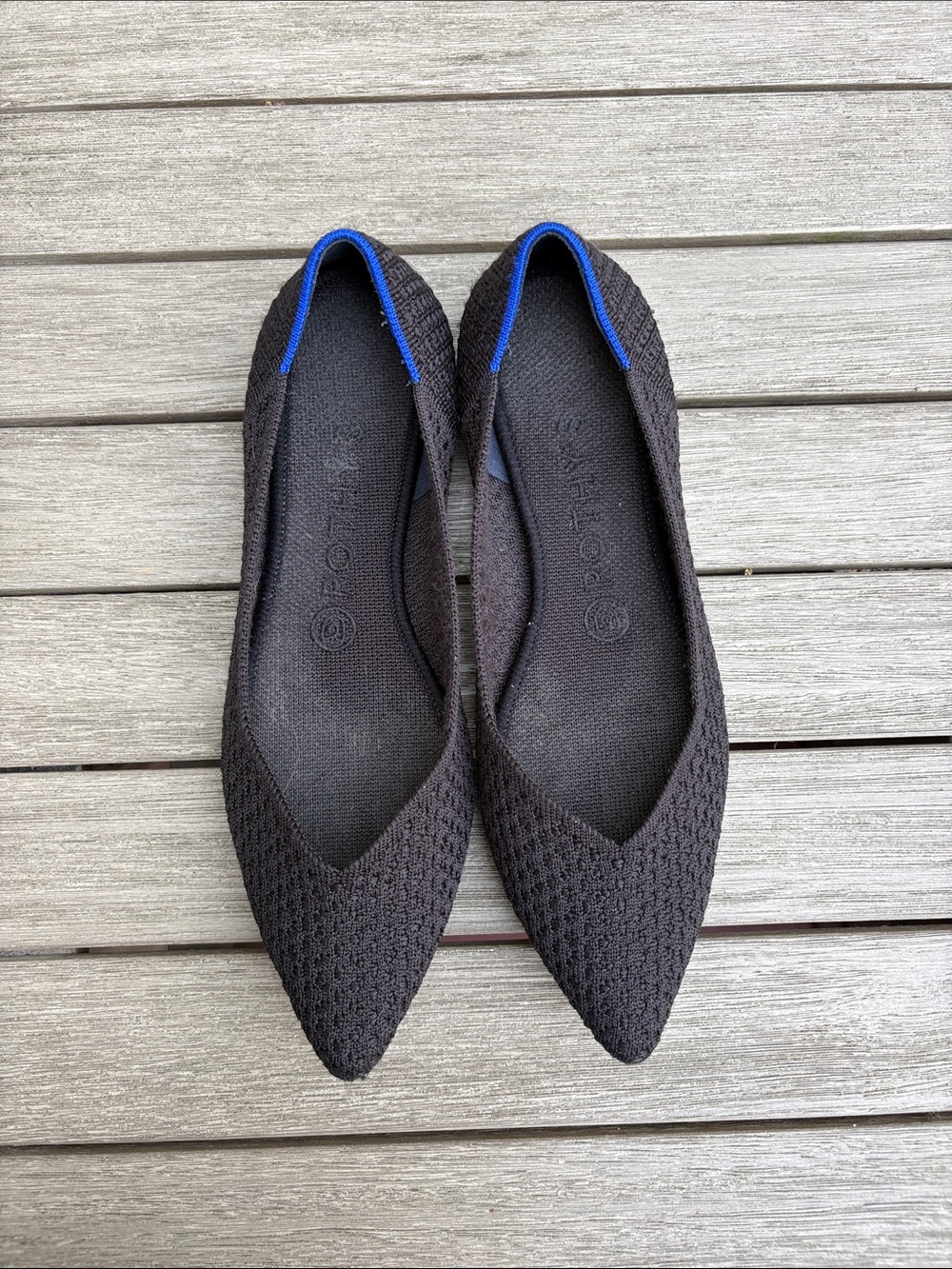 Rothy’s Black Pointed Knit Flats with Blue Accent -